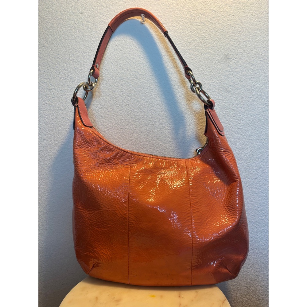 Coach Coral Pink Crinkled Patent Leather Hobo Shoulder Bag Turnlock Pink Bag - Picture 3 of 11